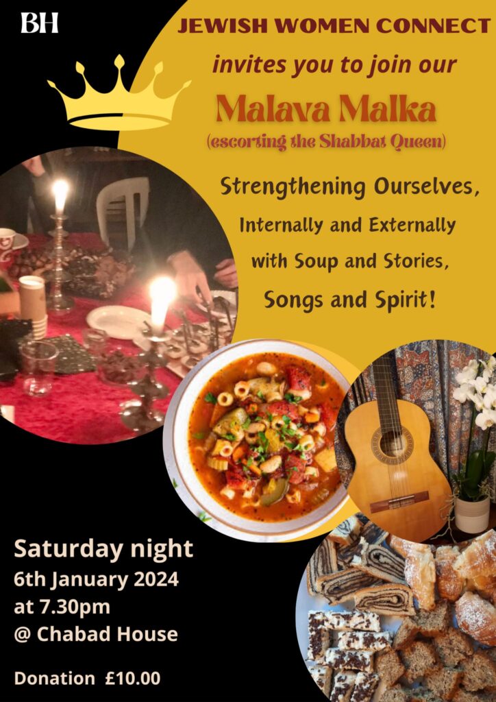 Jewish Women Connect: Malava Malka. Women's Group at Chabad Brighton. Poster January 2024 Event.